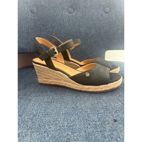 Tommy Hilfiger Shoes - Tommy Hilfiger Black Espadrille Wedge Sandals Women's Size 7.5 Gold Logo